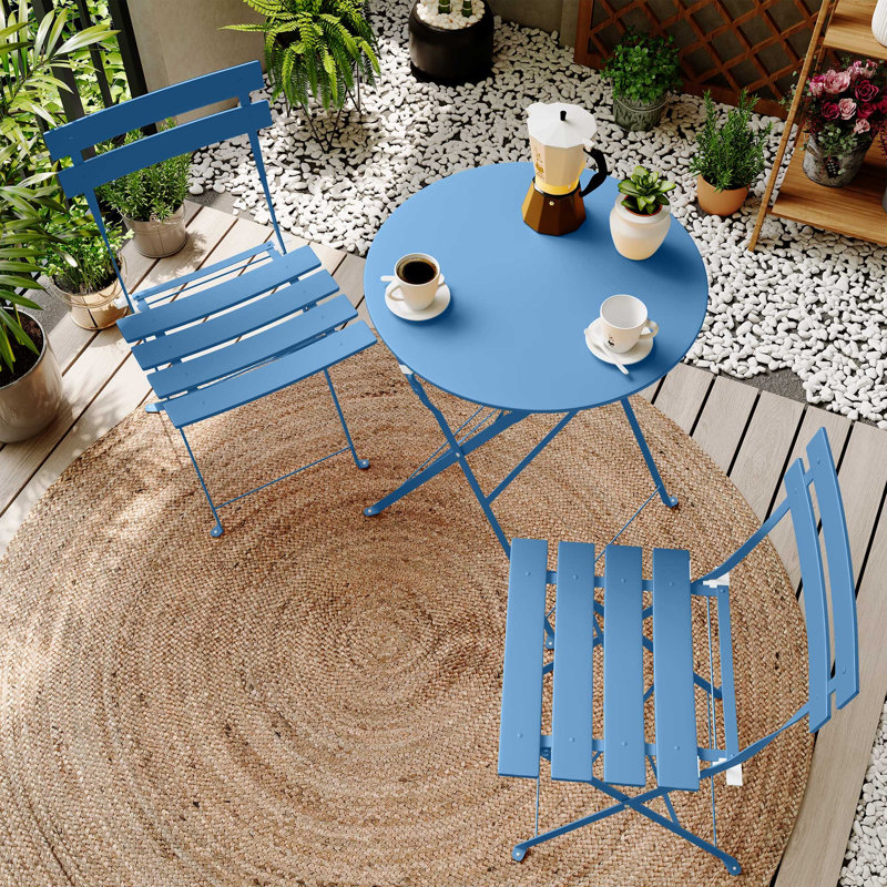 Shelah Premium 3-Piece Steel Bistro Set, Folding Outdoor Patio Furniture Sets, Blue