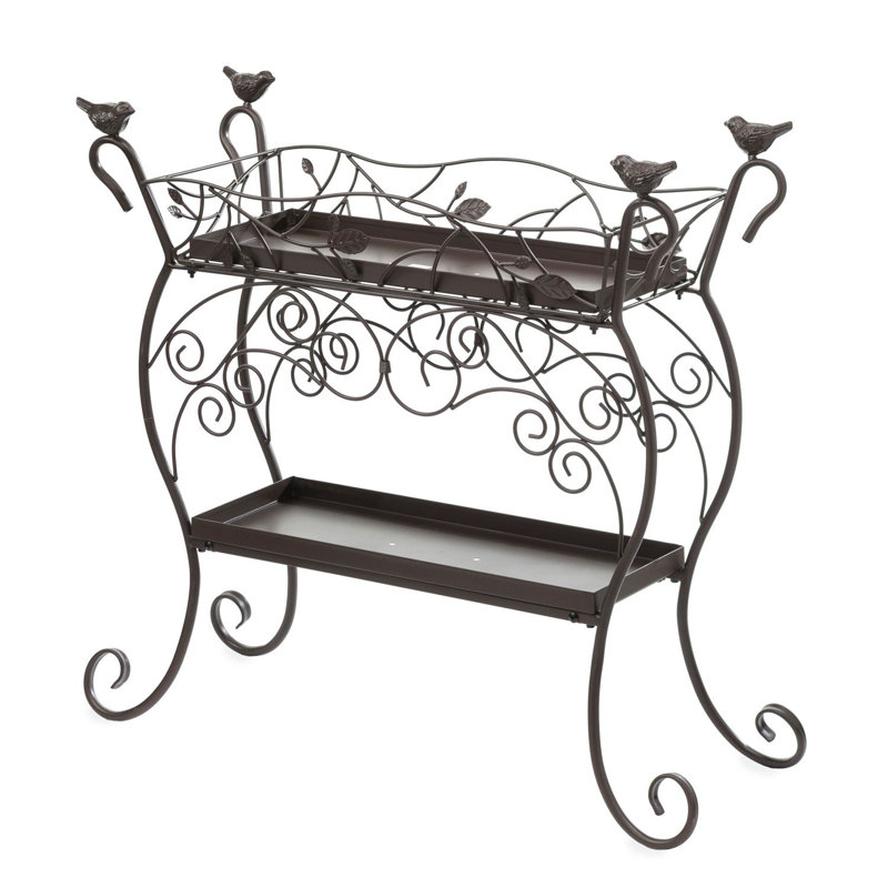 Support pour plante en fonte à deux tablettes avec oiseaux Roa