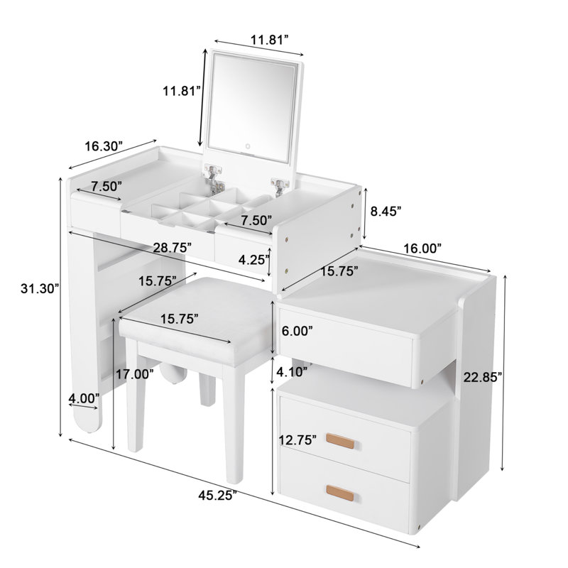 Makeup Vanity Set with Flip-up Mirror, LED, Drawers and Side Storage, White