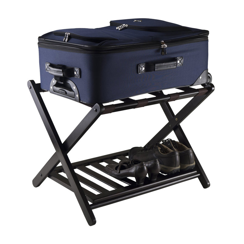 Solid Wood Luggage Rack with Shelf in Espresso Finish, 19.85'' H X 26.35'' W X 18.40'' D, Dark Espresso