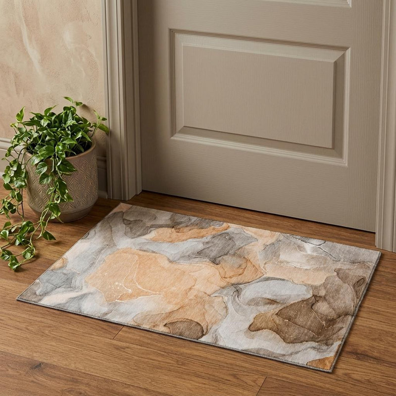 Hukill 3' X 5' Orange Gray And Ivory Abstract Washable Area Rug With UV Protection