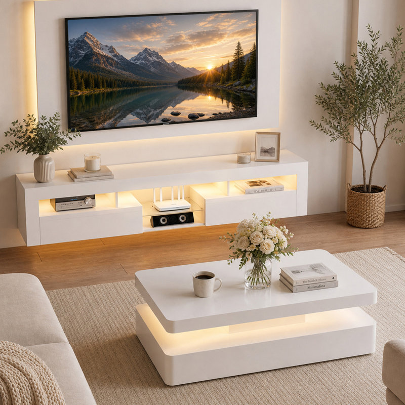 Meuble télé mural suspendu DEL laqué brillant avec 2 placards et une étagère en verre, compatible avec les téléviseurs de 55 po à 85 po et plus, idéal pour le salon ou la chambre, montage facile, blanc.