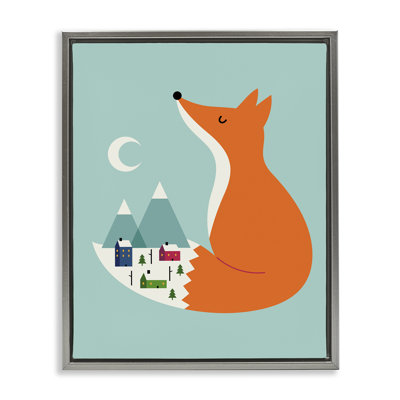 Art mural encadré, "Fox & Snowy Village", par Andy Westface