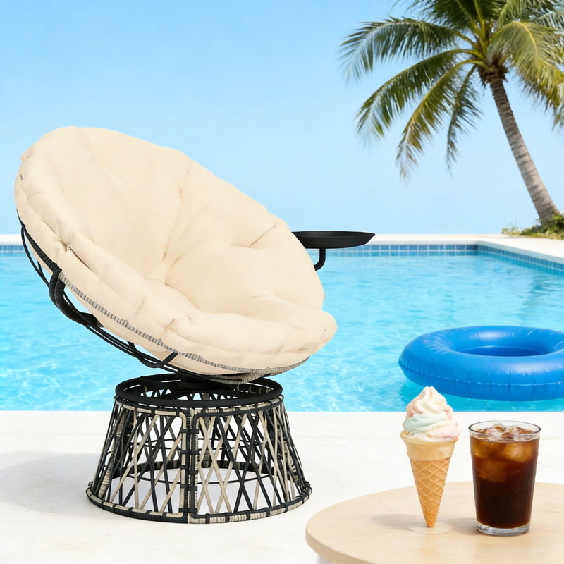 Chaise pivotante pour l'extérieur avec plage de 360 degrés, plateau latéral intégré, coussin rembourré de 3,9 po, structure, beige, base à assembler, table pratique, acier thermolaqué surdimensionné, capacité de 265 lb