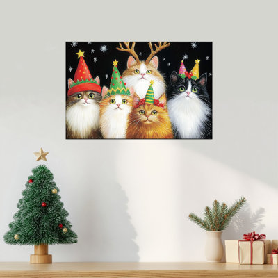 Affiche de Noël sur toile chats de Noël - peinture de chat festif avec des bois de renne, impressions sur toile des Fêtes d'hiver, décoration murale de Noël, prête à être accrochée, impressions photo, œuvres d'art sur toile pour la maison, 12 po x 18 po