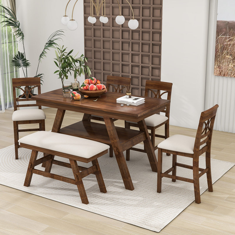 Damu 6 - Piece Dining Set, Dining Table with Storage Shelf and Bench and 4 Chairs, Walnut, Walnut