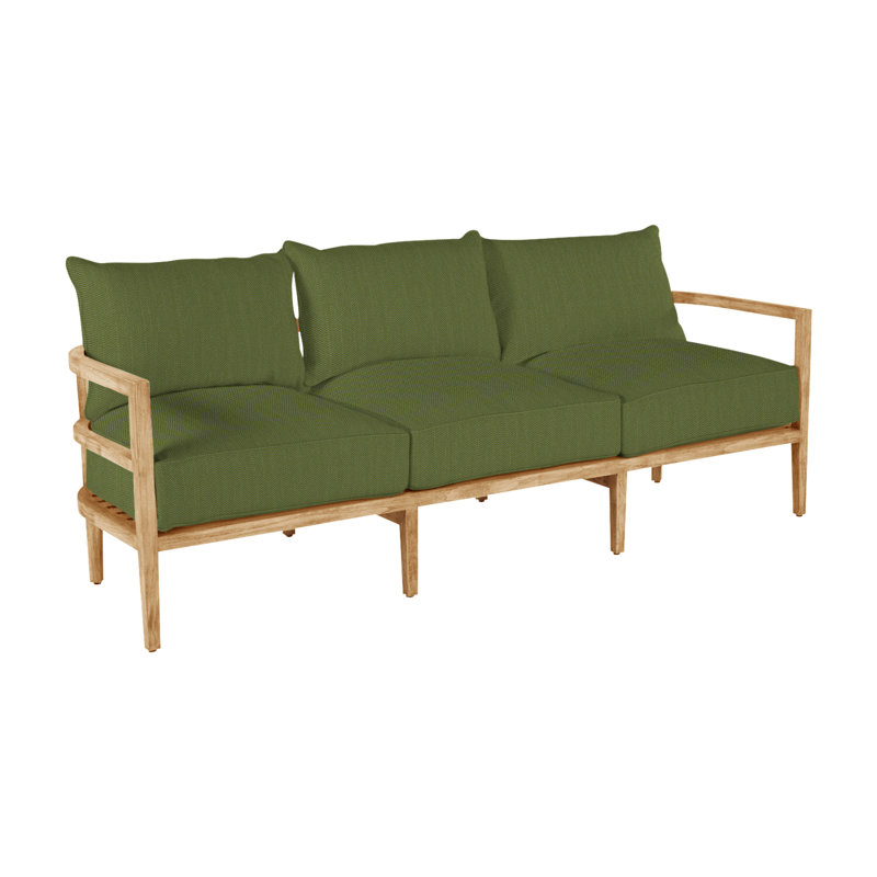 Santa Barbara 87" Wide Outdoor Teak Patio Sofa with Cushions, Natural Teak, No Welt, Herringbone Sand