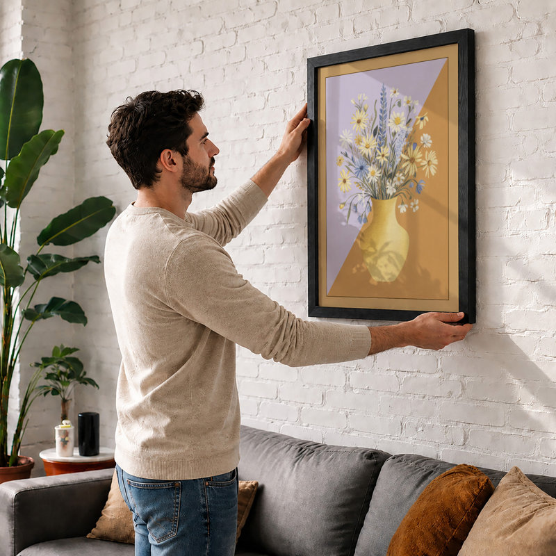 Pale Vase with Daisies Minimalist - Framed Print, A1 - 84.1 x 59.4 cm, Oak