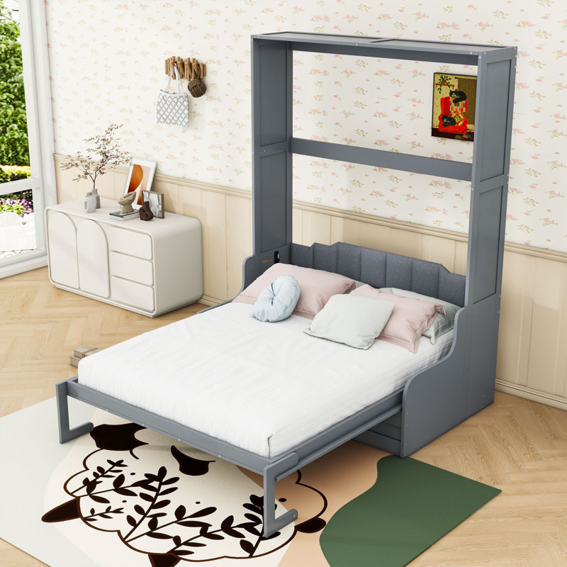 Grand lit escamotable en bois avec canapé et lattes intégrés, Gris