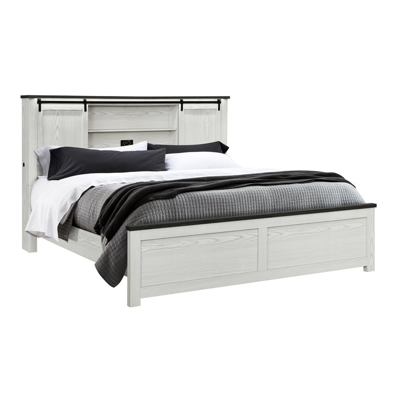 Structure de lit très grand beige avec tête de lit bibliothèque avec détails de barre noire, conception à profil bas, bois massif et construction, pour un usage transitionnel, nécessite un sommier tapissier, profondeur de 93,46 po, largeur de 80,08 po