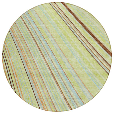 8' Sage Brown And Sky Blue Round Striped Washable Indoor Outdoor Area Rug