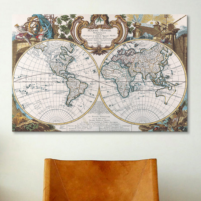 Carte antique du monde antique - impression d'art graphique sur toile, H 40 po x l 60 po x P 1,5 po, Toile tendue