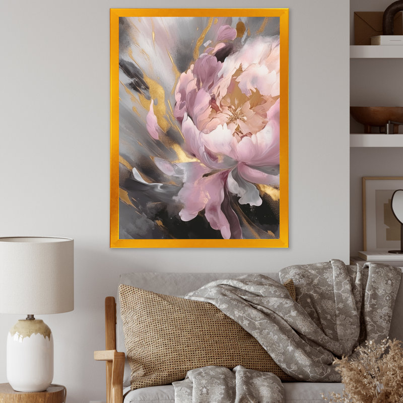 Reproduction d'art sur toile pivoine enchantée rose et or I, H 44 po x l 34 po, Encadrement doré