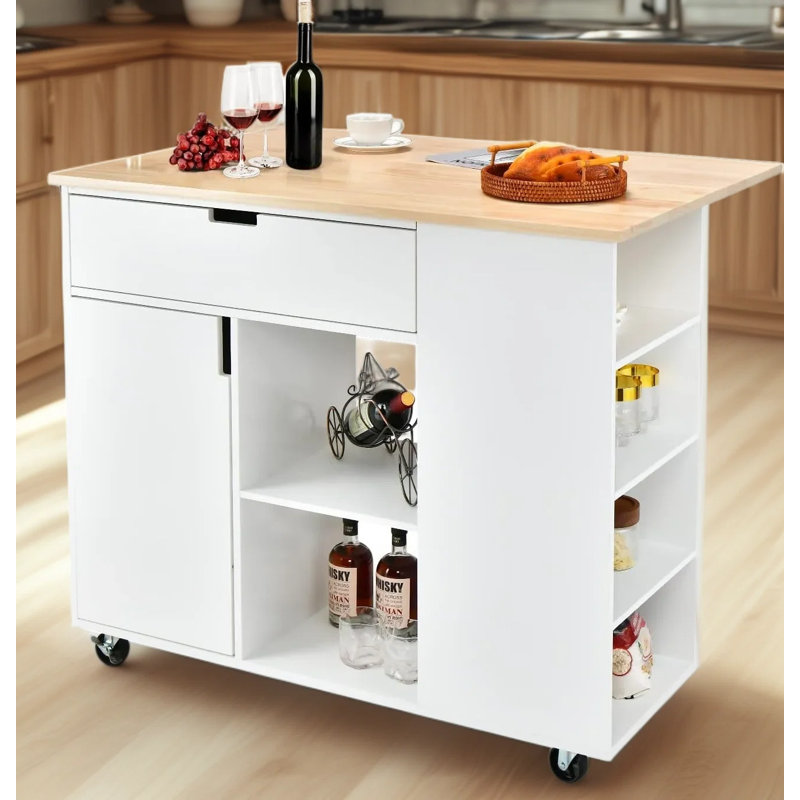 Chariot pour îlot de cuisine avec comptoir rabattable, étagère à épices, tablettes de rangement et tiroir, chariot de service mobile sur roulettes verrouillables pour la cuisine, la salle à manger ou le café
