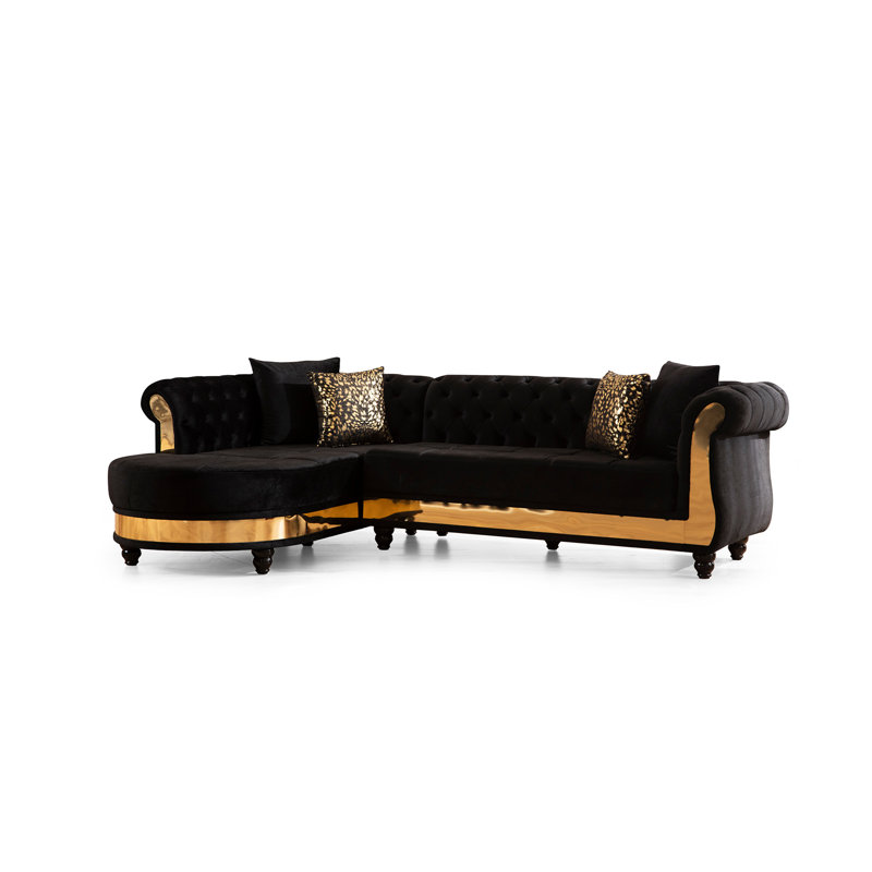 Dikshant 109" Wide Velvet Left Hand Facing Sofa Chaise, Black Velvet