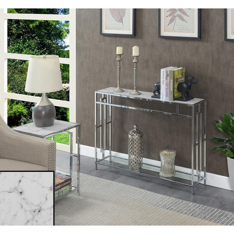 Console Town Town Square Chrome avec tablette, faux marbre blanc