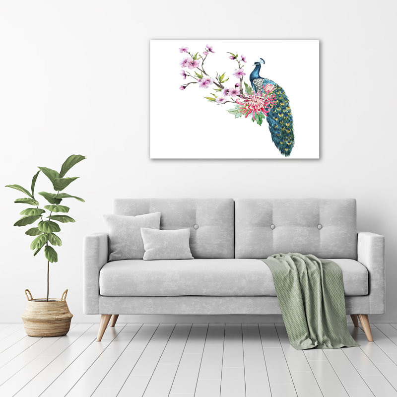 Peacock And Flowers - No Frame Print on Canvas