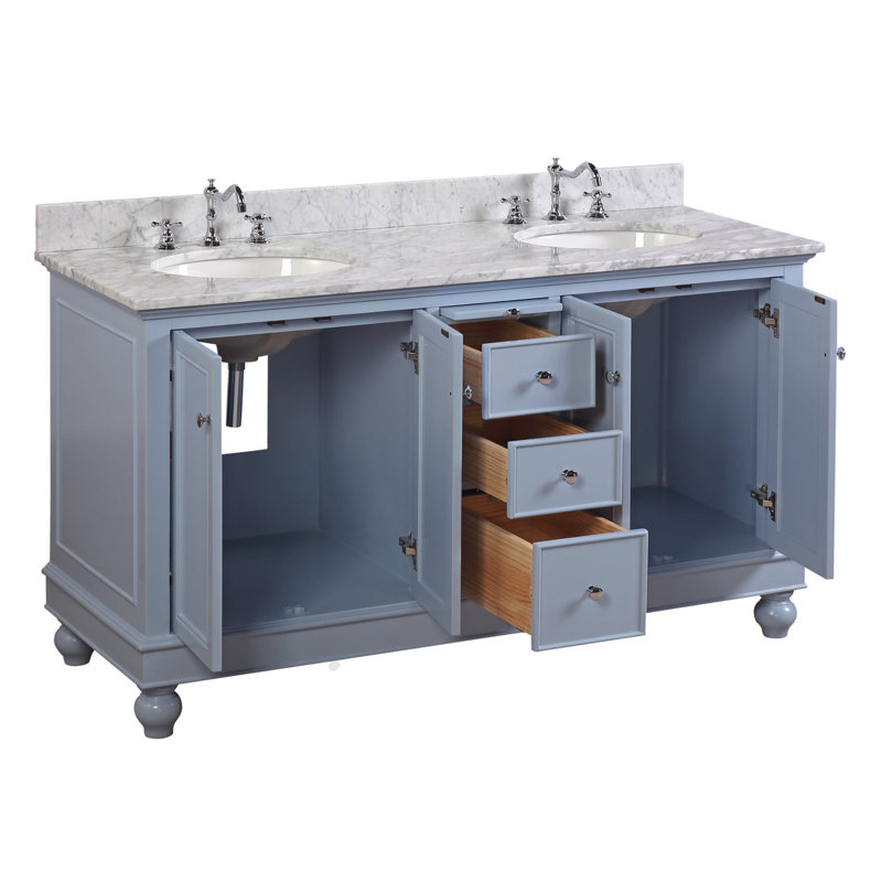 Ensemble de meuble-lavabo double 60 po Ferdinand, Marbre de Carrare, Bleu poudré