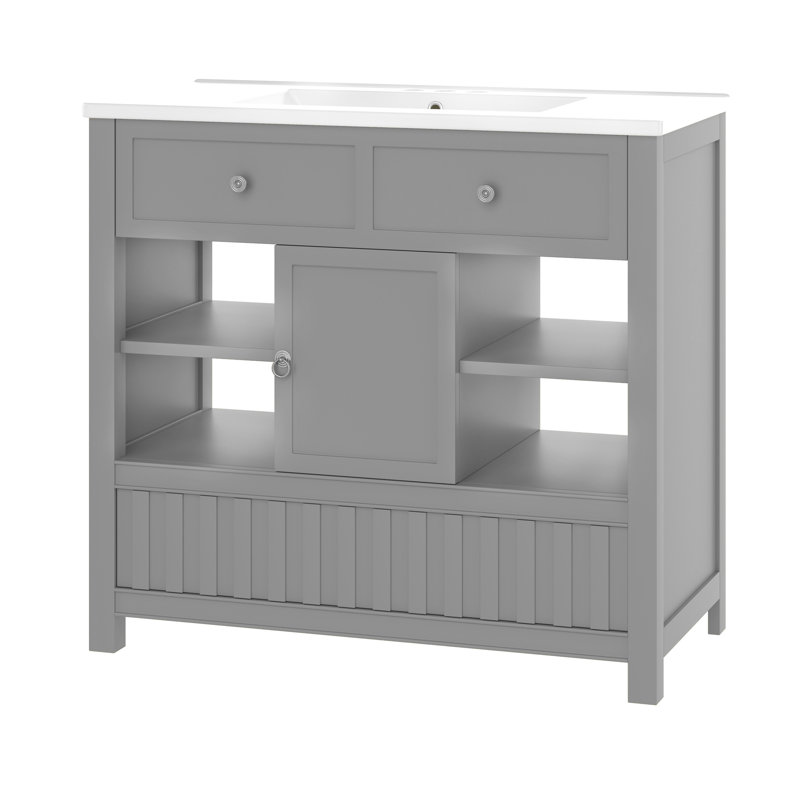 Meuble-lavabo autoportant 36 po avec comptoir en céramique 36 po, Gris