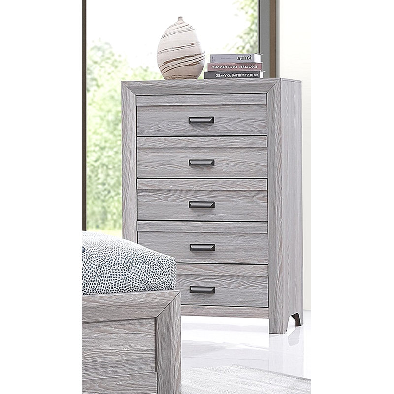Commode à cinq tiroirs en bois flotté, Gris clair