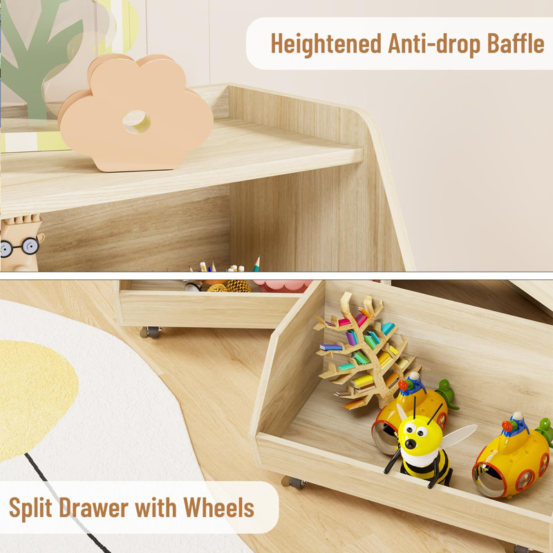 3-Tier Toy Storage & Organizer Bookshelf with Cubbies & 2 Removable Drawers - Kids Room Multi-Functional Storage Solution
