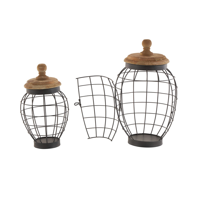 Ensemble de pots décoratifs noirs en métal avec couvercles en bois Aure