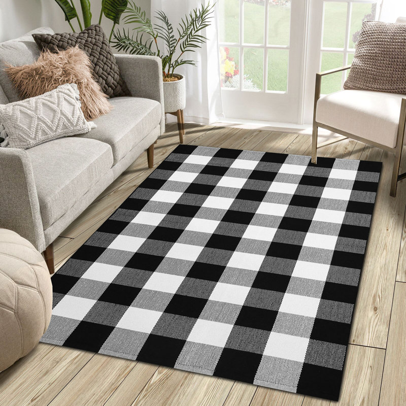 Tapis d'extérieur à carreaux noir et blanc Quintisha Buffalo , Rectangulaire 3 pi x 5 pi