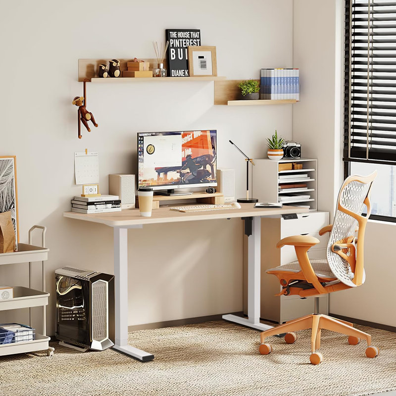 Alvana Adjustable Metal Base Standing Desk, White, Beige, 116cm H x 100cm W x 60cm D