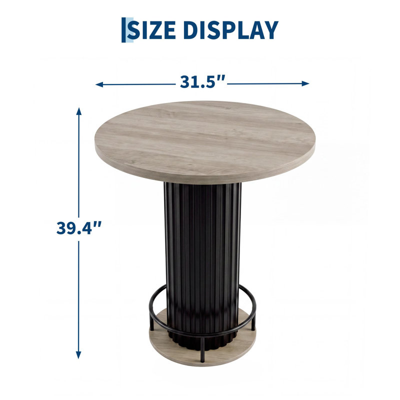 Table de bar ronde avec piètement ondulé en fer et repose-pieds, table haute de style bistro pour petits espaces, grise, Grey