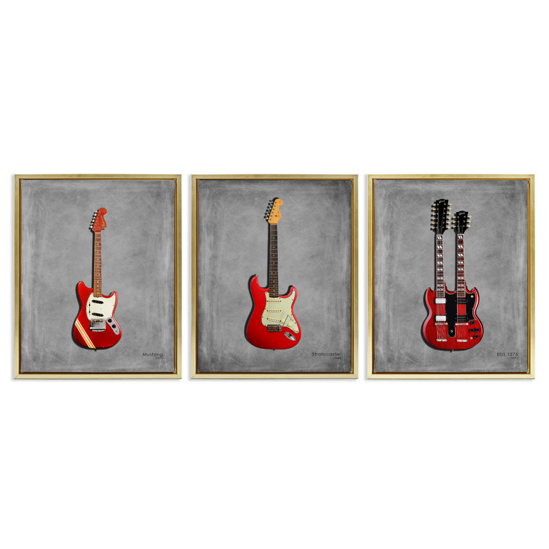 Ensemble de cadres flottants 3 pièces Red Guitars, par Mark Rogan, H 21 po x l 17 po, Cadre flottant métallique doré