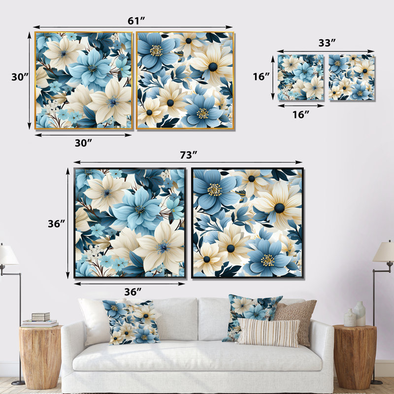 Eline - Ensemble de 2 impressions sur toile florales, H 36 po x l 73 po x P 1,5 po, Encadrement doré