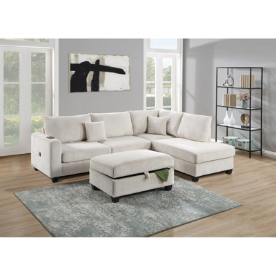 Contemporary 3Pc Sectional Set Corduroy Couch LAF Sofa RAF Chaise Ottoman L-Sectional by Brayden Studio