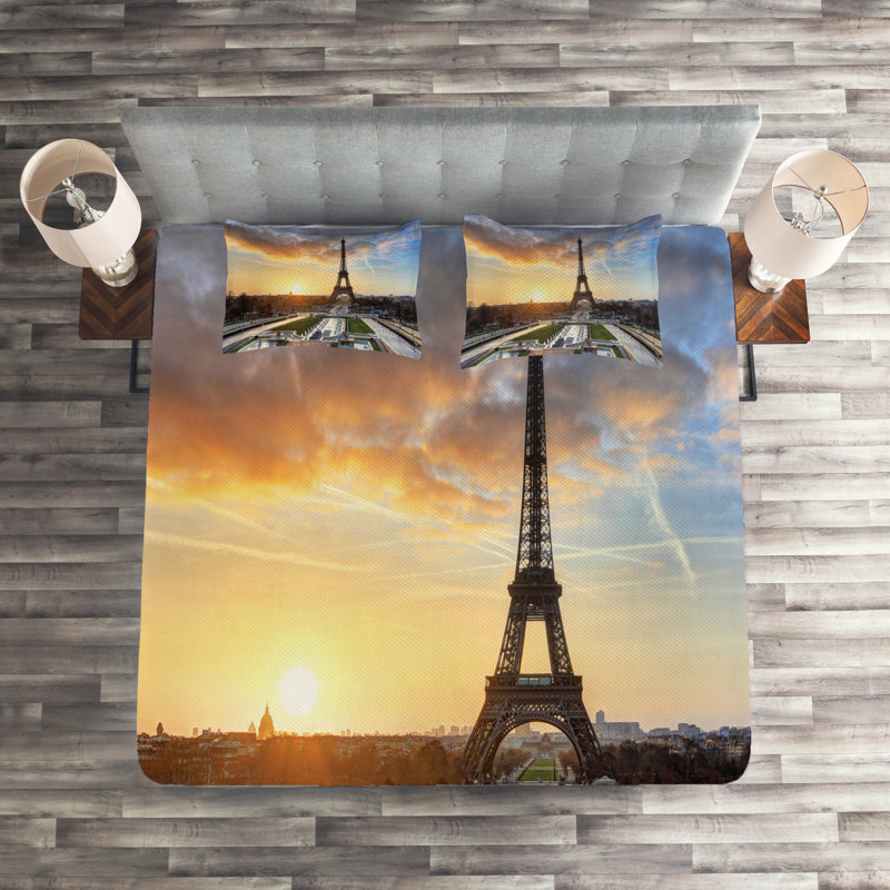 Eiffel Tower Eclectic Polyester Coverlet, King Bedspread + 2 Shams