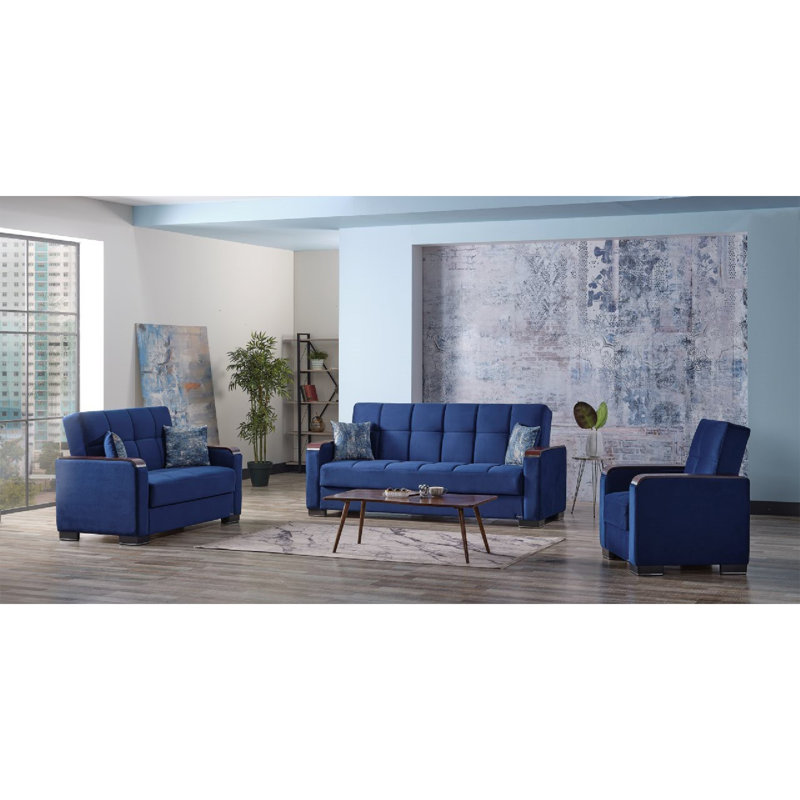 Neubauer 65 in. Fabric Upholstered 2-Seater 3-in-1 Sleeper Loveseat Sofa Bed with Storage, Blue Microfiber