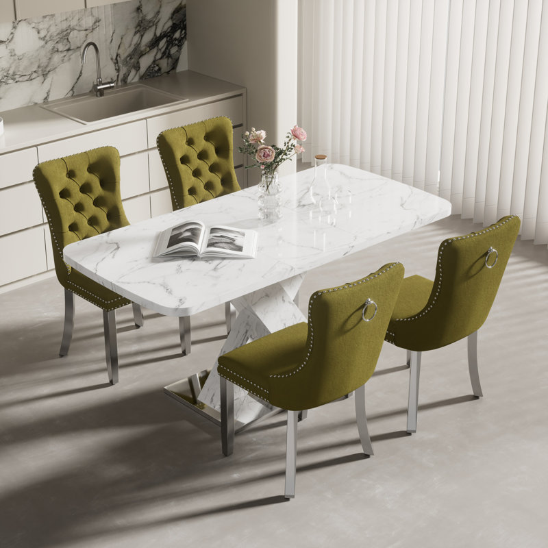 47.24''-63'' Extendable Dining Room Table Set, White, 5, Olive Green