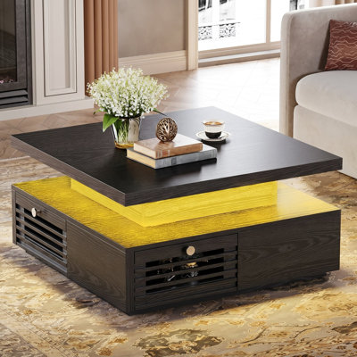 Aurora Modern Coffee Table With LED Light And Charging Station, Living Room Table With 4 Storage Drawers With Grille Design