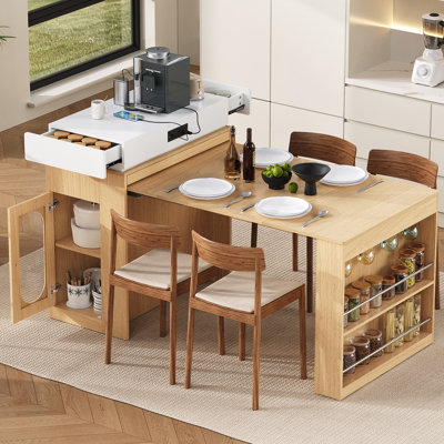 Table de salle à manger extensible avec plateau pliable, table de bar avec tiroirs et prise de courant, îlot de cuisine avec roulettes et crochets, buffet pour la cuisine et la salle à manger (naturel et blanc crème)