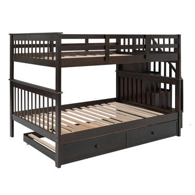 Stairway Full-Over-Full Bunk Bed with Twin size Trundle, Storage and Guard Rail for Bedroom, Dorm