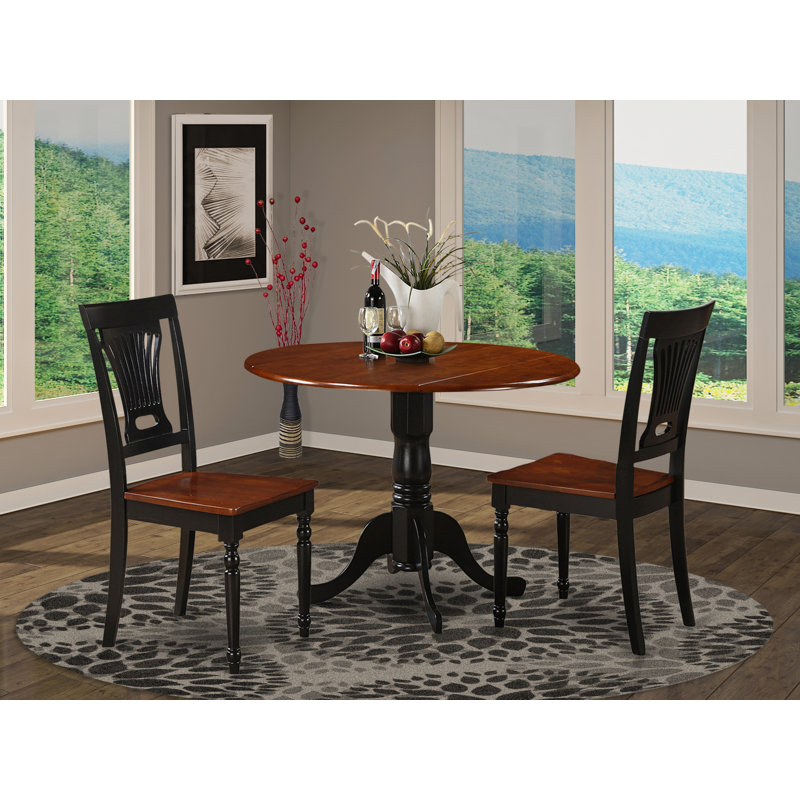 3 Piece Kitchen Table Set for Small Spaces Contains a Round Dining Table with Dropleaf and 2 Dining Room Chairs, Buttermilk & Cherry