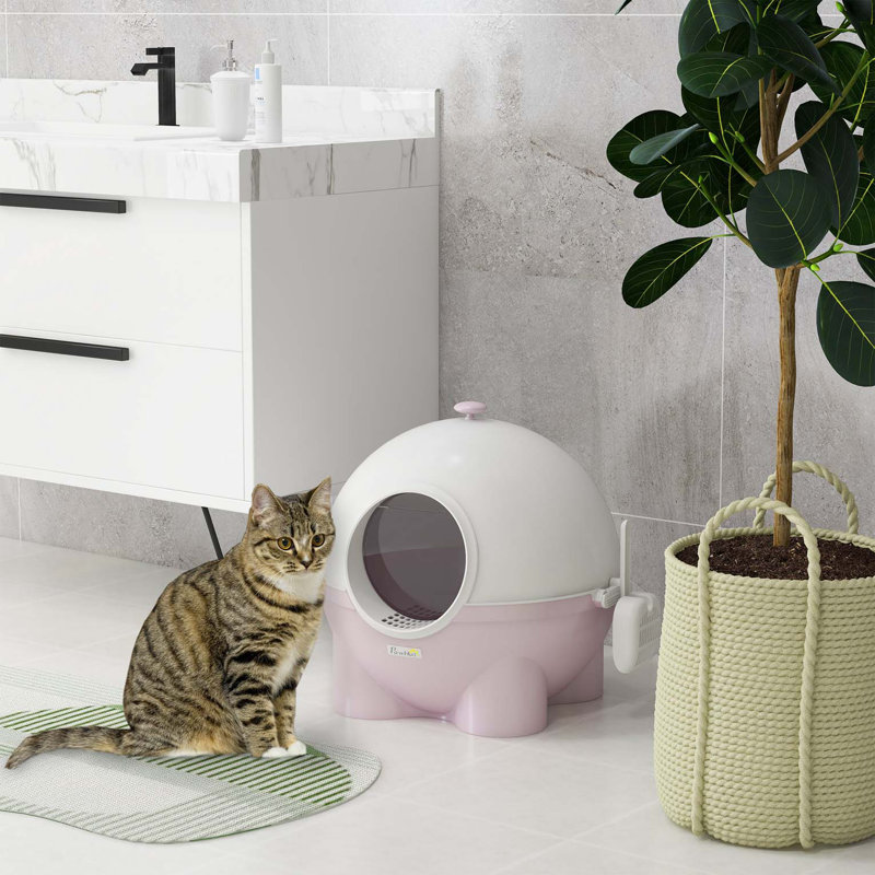 Litière à capuchon pour chat, grand bac à litière pour chat avec couvercle, pelle, pédale de sable qui fuit, poignée supérieure, rose clair