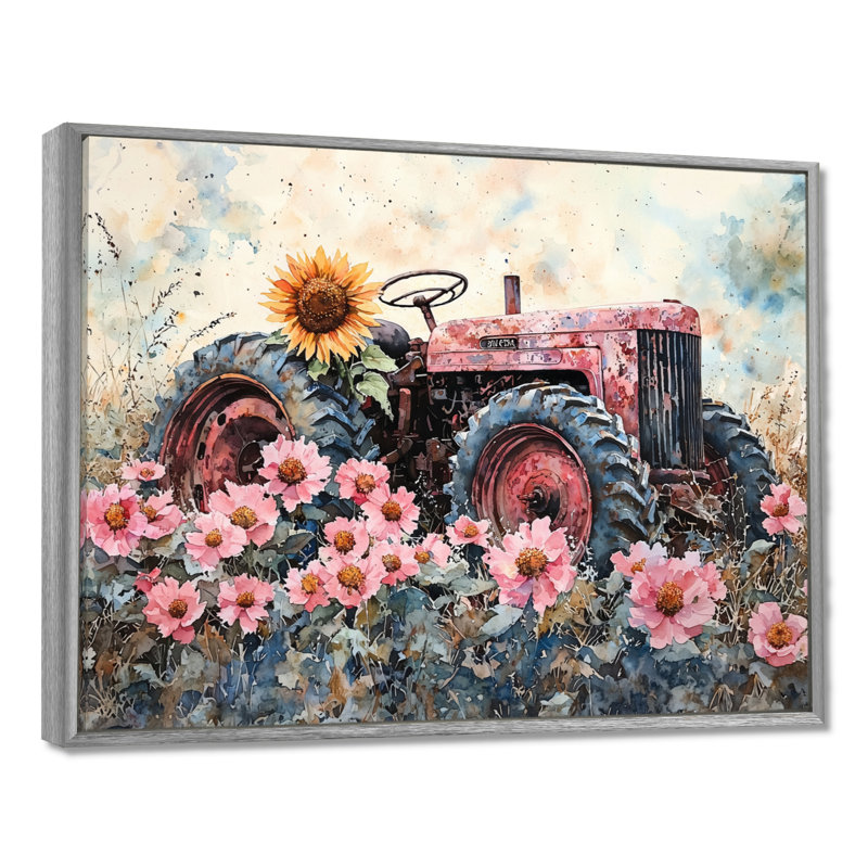 Dorcer Sunflowers by The Old Tractor I - ferme, art mural, Argent argent, Impression encadrée flottante, H 24 po x l 32 po