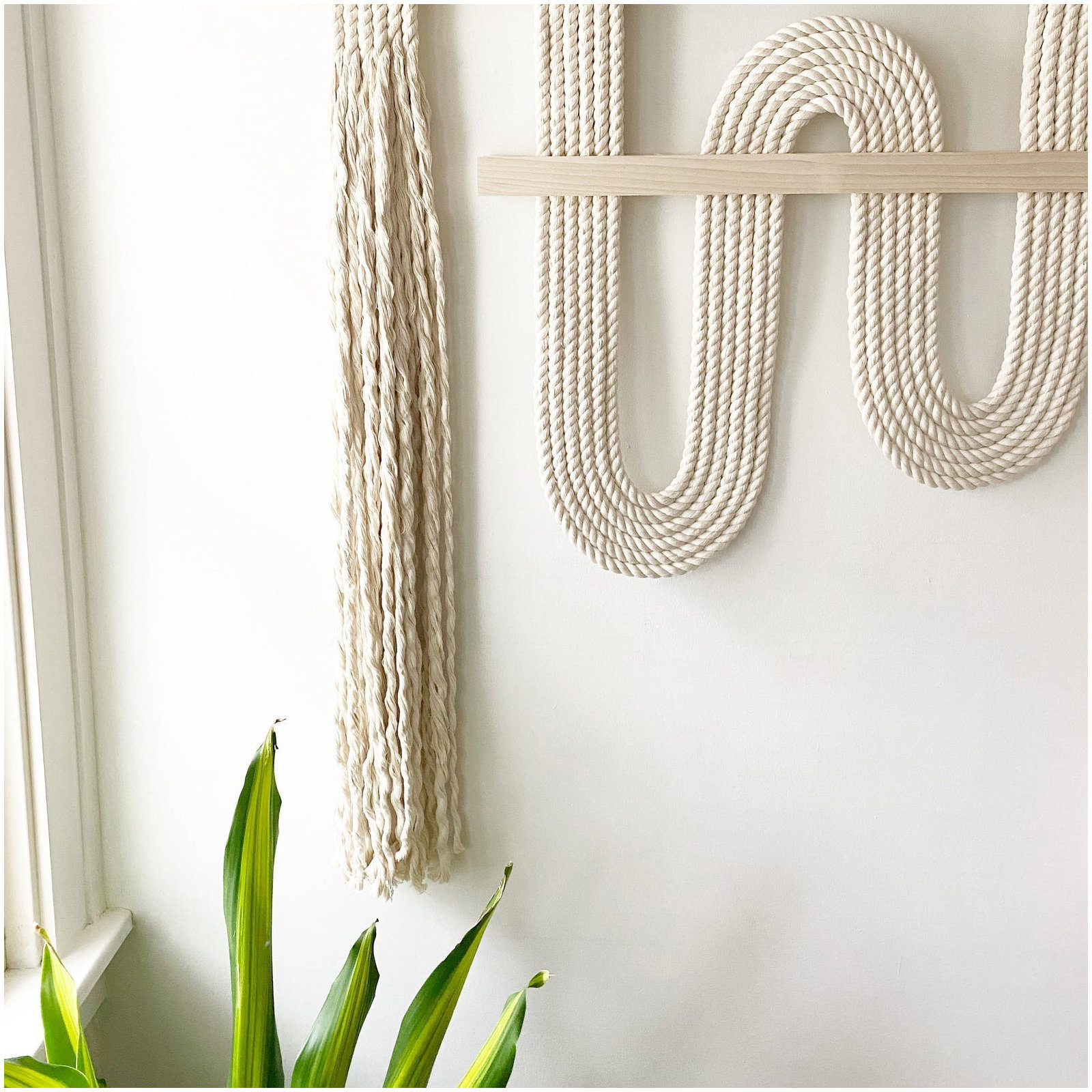 Vibrato Hand Woven Cotton Wall Hanging, Ivory/Natural Wood