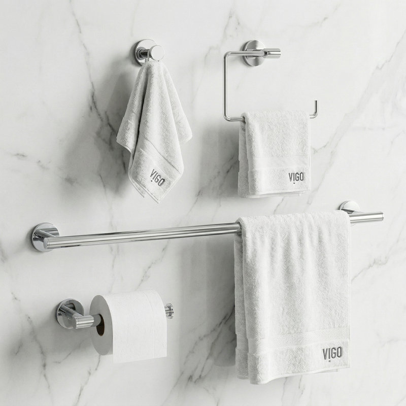 VIGO Elan 4-Piece Chrome Bathroom Hardware Set with 24-in Towel Bar, Toilet Paper Holder, Hand Towel Holder and Hook, Chrome