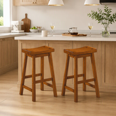 Casual Dining 29-inch Bar Height Stools 2pc Set Saddle Seat Solid Wood Oak Finish Home Furniture