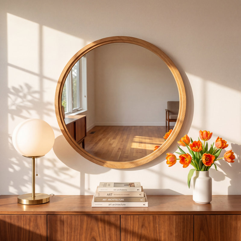 Scotty Solid Oak Wood Framed Round Mirror Natural Wire Brushed Finish Decorative Mirror for Entryway & Bedroom, Natural