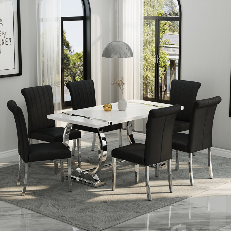 Ensemble de table de salle à manger 7 pièces en chrome argenté moderne avec 6 chaises en cuir noir et argent, 7
