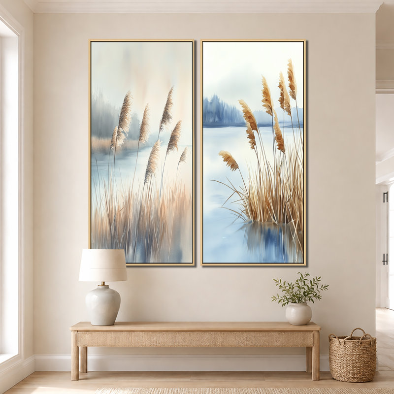 Roseaux au bord du lac I - Herbes de la pampa - Deux impressions encadrées, 60" H x 56" W, Natural Floater Framed