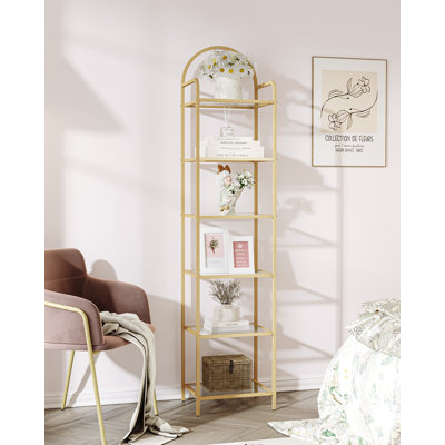 Bibliothèque, bibliothèque, étagères en verre trempé, étagère mince pour chambre à coucher, salle de bain, bureau à domicile, structure en acier, or à 6 niveaux