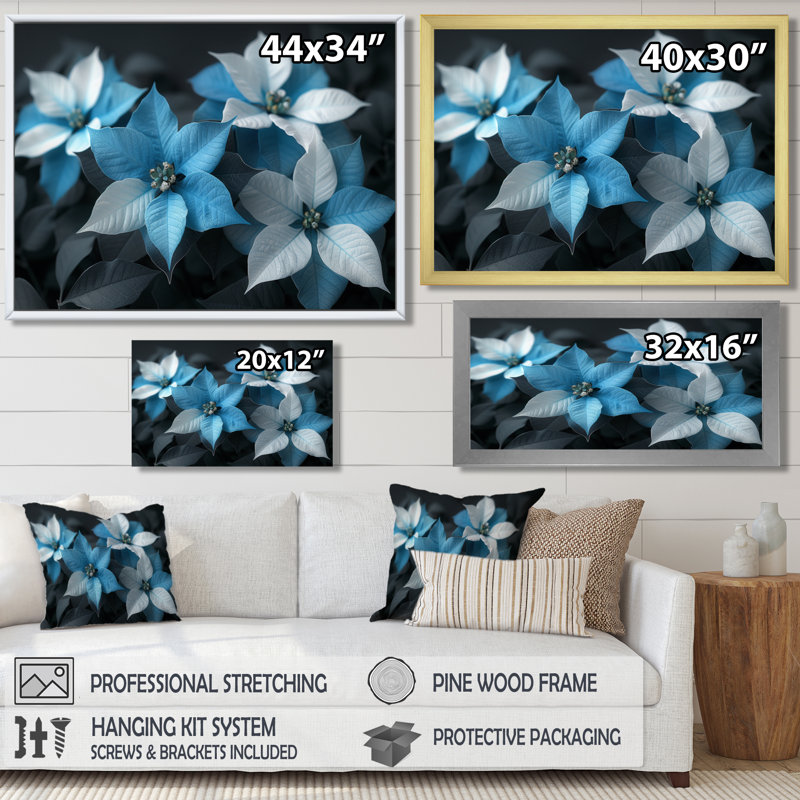 «Poinsettias II», impression d'art mural gris et bleu, Toile tendue, H 30 po x l 40 po
