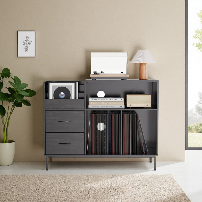 Support pour tourne-disque avec prise de courant et couvercle rabattable, table tournante avec rangement pour plus de 300 vinyles, console média à grain de bois noir avec 2 tiroirs, 27,6 po avec protection contre la poussière, assemblage requis